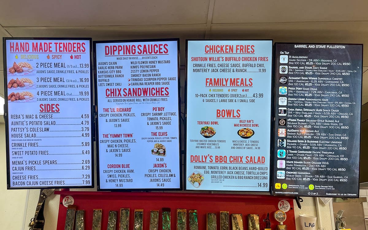 The menu at Jaxon's Chix Tenders, Fullerton